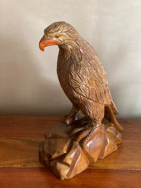 Grande Statue vintage d'aigle en bois faucon oiseau Sculpture artisanat...