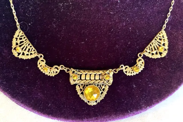 Ornate Victorian Edwardian Faceted Yellow CZECH Glass & Brass 16 1/2" Necklace