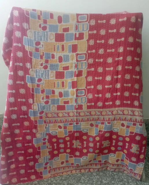 BLANDO 1 Piece Handmade Indian Vintage Kantha Quilts Reversible Bohemian Home Decor Blanket Assorted Color Twin Size 85x55 Inches Multicolor%2f