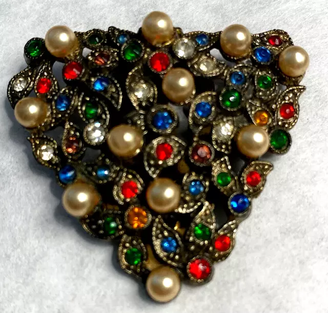 Antique Dress Clip,  Faux Gems And Faux Pearls, Red/Blue/Green Rhinestones