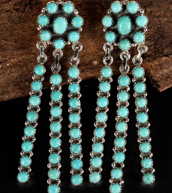 3" Navajo Handmade Sterling Silver w/ Turquoise LONG DANGLE Earrings