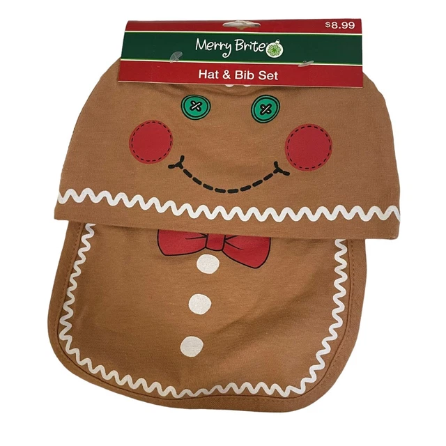 Merry Brite Baby Hat & Bib Set Gingerbread Man Cookie Brown 8" 2019 New