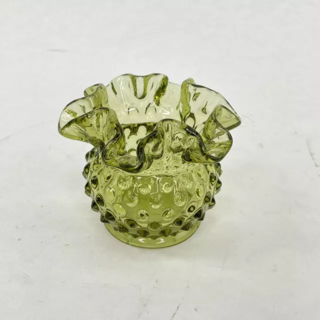 Fenton  Green Glass Rose Bowl Vase *Hobnail Pattern Ruffle Crimped Edge Embossed