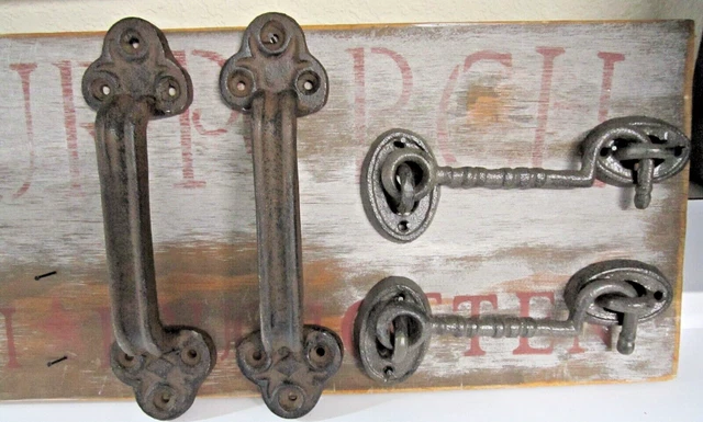 Cast Iron Antique Style Cabin Barn Handle Gate Pull W Hook & Eye Latch  PAIR