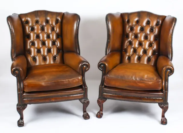 Antique Pair Leather Chippendale Wingback Armchairs c.1920