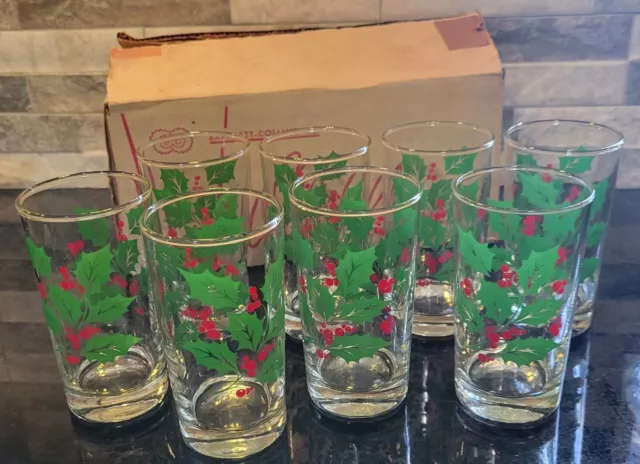 8 Vtg Bartlett-Collins Christmas Holly And Berry Tumbler Set, In Original Box