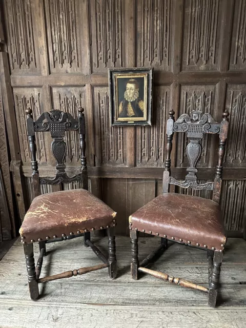 Pair Of Antique Carved Oak Jacobean James I Style Chairs