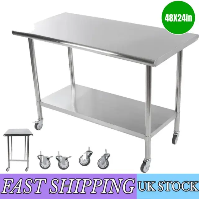 Commercial Stainless Steel Kitchen Bench Food Prep Table Workbench w/Wheel UK