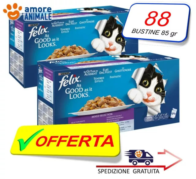 Felix Le Ghiottonerie Multipack → 88 Bustine da 85 gr - Umido per Gatto / 2 x 44