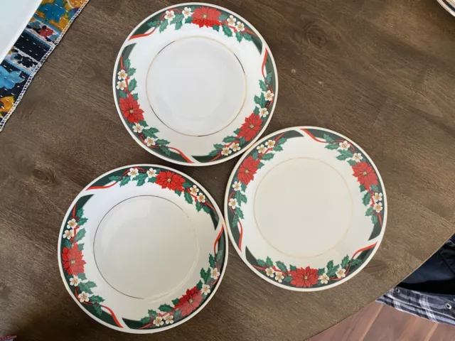 Set of 3 Tienshan Deck The Halls Christmas Salad Plates Poinsettia 7 1/2"