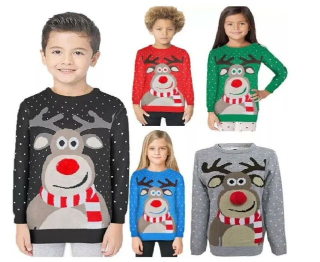 Boys Girls Children Christmas Xmas Retro Pom Pom Nose 3d Winter Jumper Sweater