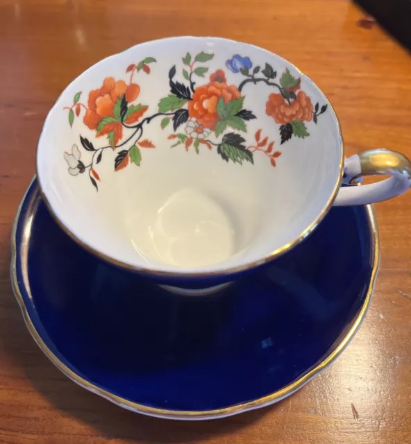 Lovely Aynsley Cobalt Chinoiserie Floral 1930-1940 Cup & Saucer in Corset Shape