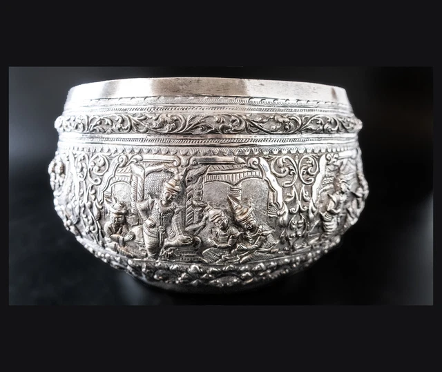 Large Burmese Myanmar Silver Offering Bowl Repousse Vessantara Jataka