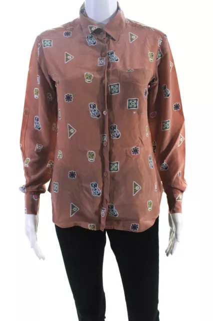 Issa Womens Chiffon Abstract Print Button Down Blouse Beige Multi Size 4