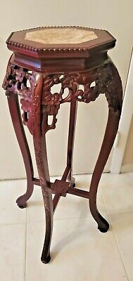 Vintage Asian Chippendale Tall Pedestal Plant Stand Marble Hand Carved Rosewood