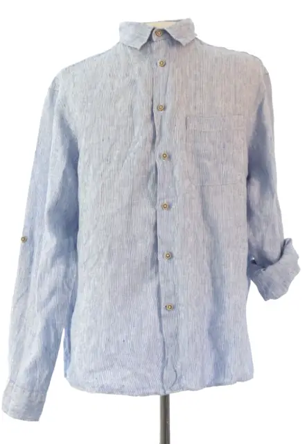 MS Mens Shirt Regular Fit White Blue Stripes Pure Linen Long Sleeve Size XL