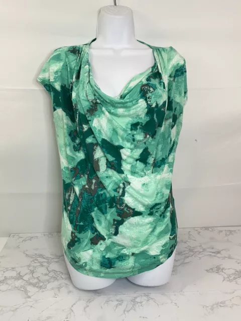 Mossimo Sleeveless Scoop Neck Low Cut Blouse Womens L Green Floral Top Stretch Q