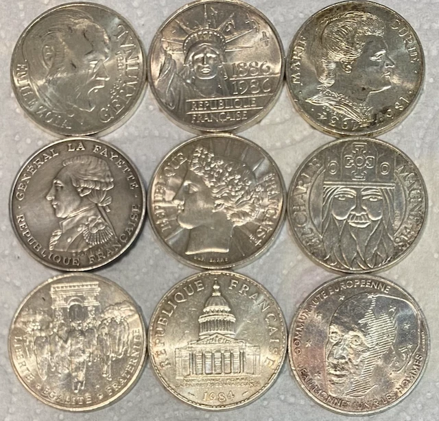 Lot De 9 Pieces De 100 Francs Commemoratives
