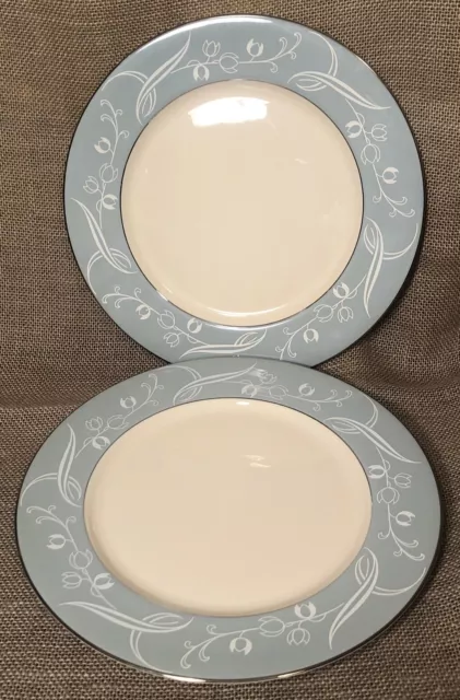 2 Flintridge California BLUE SNOW TULIP Dinner Plates Platinum Silver Rim MCM