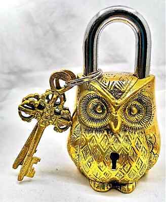 Real Antique Brass Owl Vintage Padlock with Working Key Rare Old Style lock