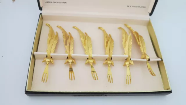 Boxed Set of 6 x Vintage Janis Collection 24 K Gold Plated Pickle / Olive Forks