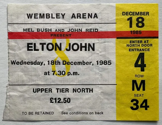 Elton John Original Used Concert Ticket Wembley Arena London 18th Dec 1985