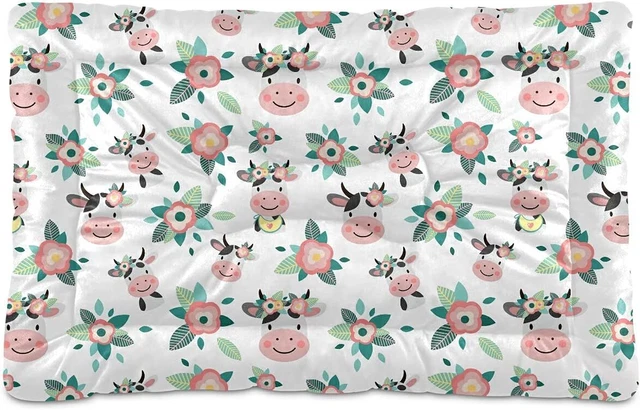 Ultra Soft Pet Bed Mat Cow with Flowers Short Fluff Crate 36x24in