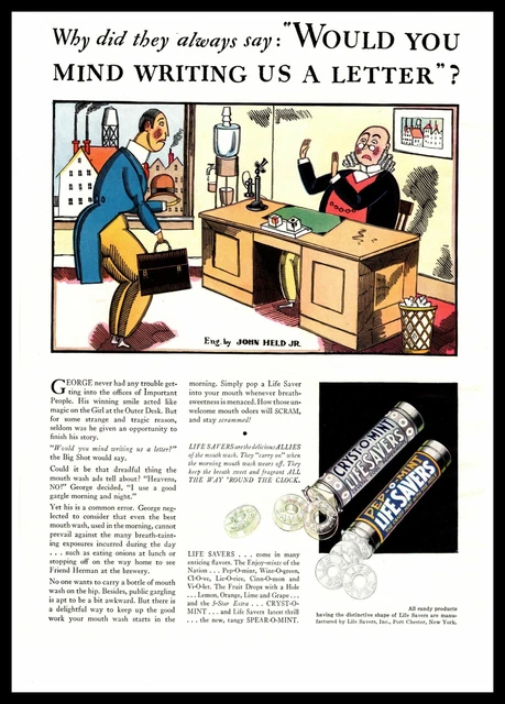 1933 Life Savers Crystomint Pepomint Candy John Held Jr. Cartoon Color Print Ad