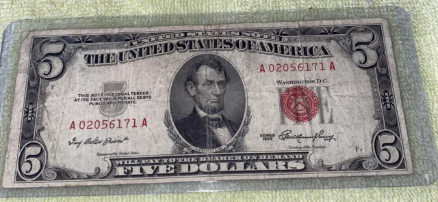 $5 Five Dollar Red Seal United States Note 1953 Circulated Condition A02056171A