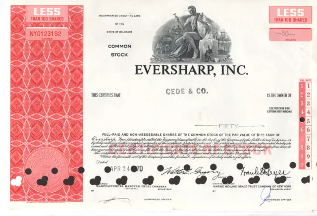 Eversharp, Inc. - Original Stock  Certificate - 1970 - NY0123192