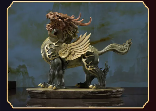 Chinese Pure Bronze Fengshui Dragon Pixiu Brave troops Kylin Kirin Beast Statue