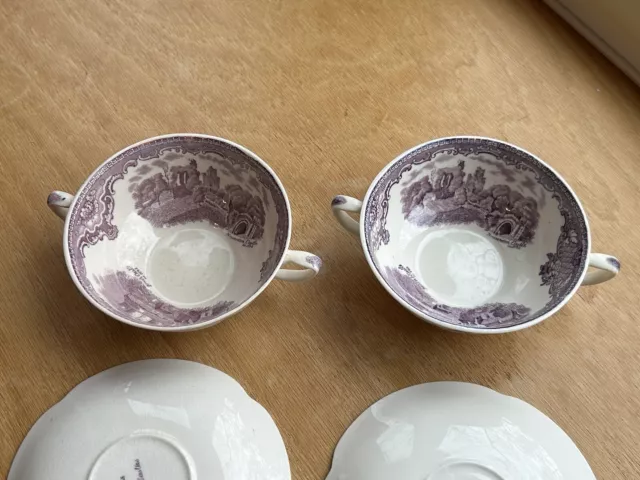 Johnson Brothers Old Britain Castles Purple 2 Cream Soup Cups And 2 Saucers 3
