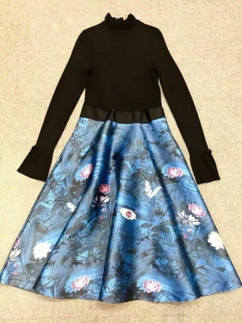 TED BAKER KALINAA Wonderland Black Blue Bow Midi Skater Dress Size 2 Uk 10 82.37 PicClick
