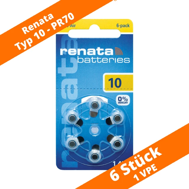 6 pilas de audífonos Renata PR70 amarillo 10 PR70 1 x 6 blíster NUEVO 1,45V
