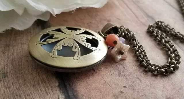 Brass Locket Necklace Antique Vintage Style, Flower, Czech Glass, Essential Oil
