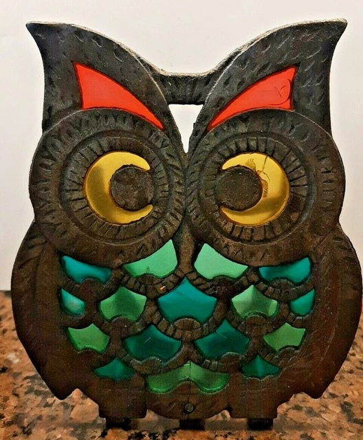 Vintage Cast Iron Owl Mid Century Retro Boho Stain Glass Napkin Paper Holder