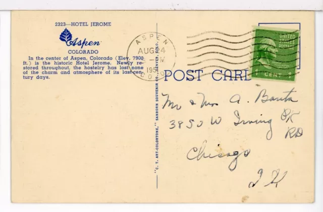 HOTEL JEROME, Aspen, Colorado 1930 - 1945 Postcard mailed in 1951 2