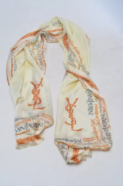 Yves Saint Laurent YSL Rive Gauche Vintage Beige Silk Monogram Logo Scarf