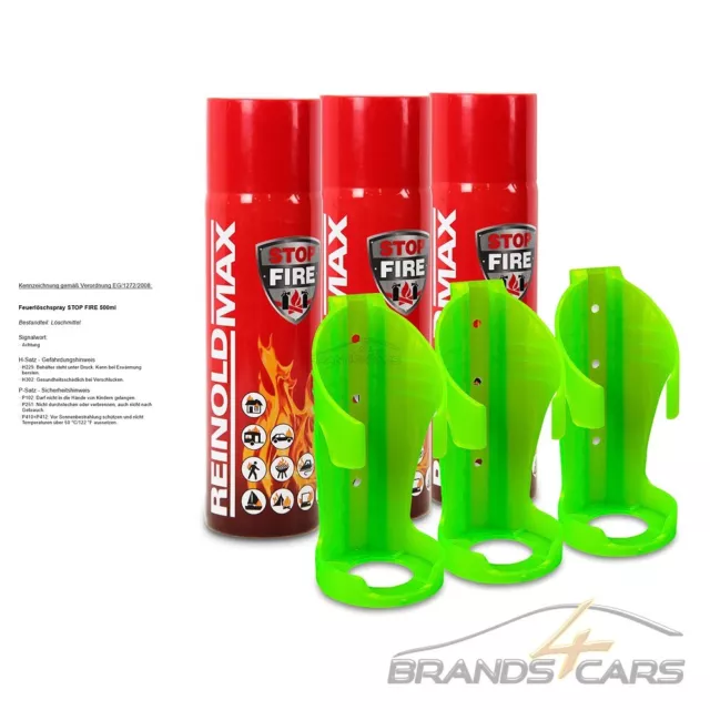 3x 500ml REINOLDMAX STOP FIRE UNIVERSAL FEUERLÖSCHSPRAY AUTO KFZ + 3x WANDHALTER