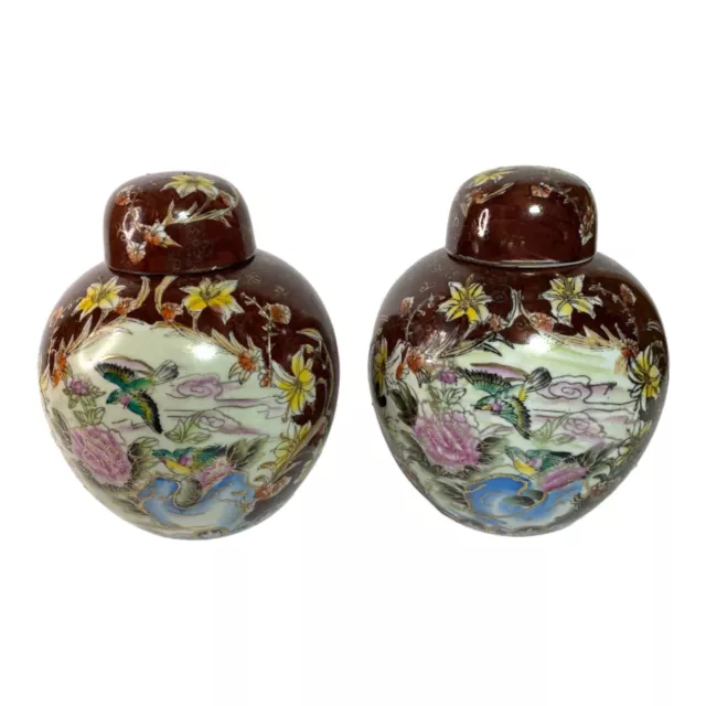 Pair Of Chinese Ginger Jars with lids Hand Painted Bird Flower