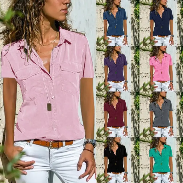 Womens Short Sleeve Casual T Shirt Tops Ladies Work OL Button Blouse Tee Size
