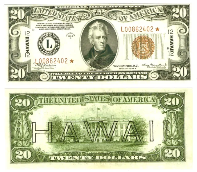 r Paper Reproduction - Hawaii 20 Dollars 1934 Pick #41  1842R
