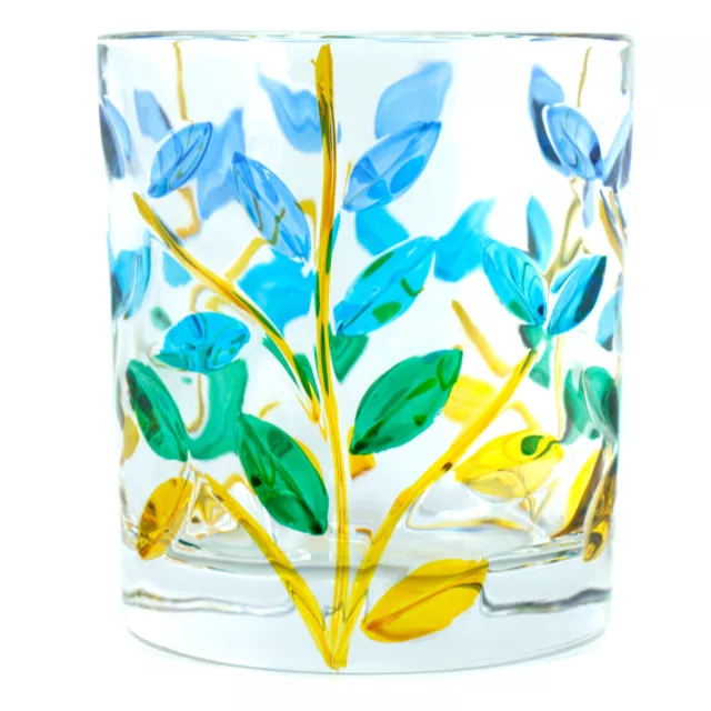 Murano Verre Buvant Verre Gobelet Vert Bleu Jaune Main Peint Fleur 256ml