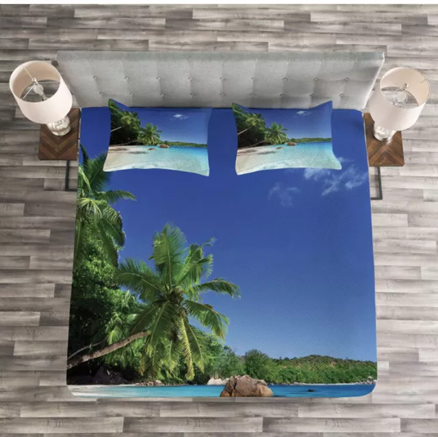 Ocean Quilted Bedspread & Pillow Shams Set, Exotic Beach Shoreline Print