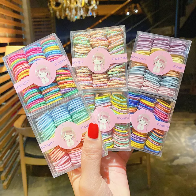 90Pcs/box Kids Girl Elastic Hair Tie Rubber Women Band Rope Ring Ponytail Holder