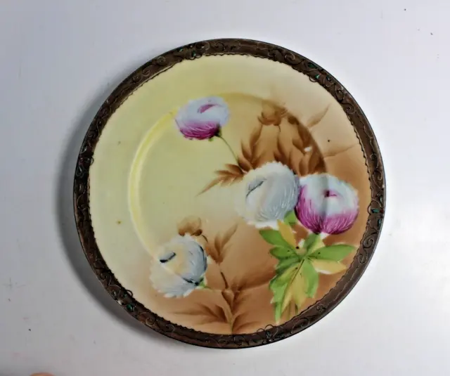 Antique Porcelain Plate Hand Painted The Jonroth Studios Nippon Floral w/ Beads