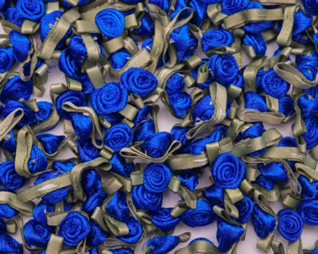 10 X Mini Small Royal Blue Satin Ribbon Rose Buds Flowers with Green Leaves
