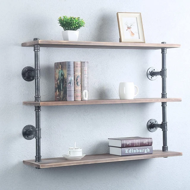 Industrial Pipe Shelf Real Wood Floating Shelves,Rustic 3 Tier Wall Shelf Bar Pi