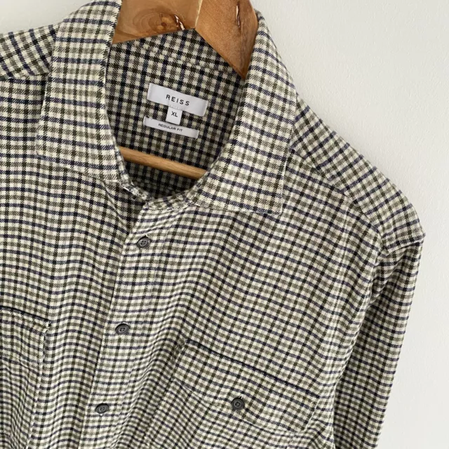 REISS Shirt XL X Large Mens Beige Plaid Check Regular Fit Cotton Long Sleeve