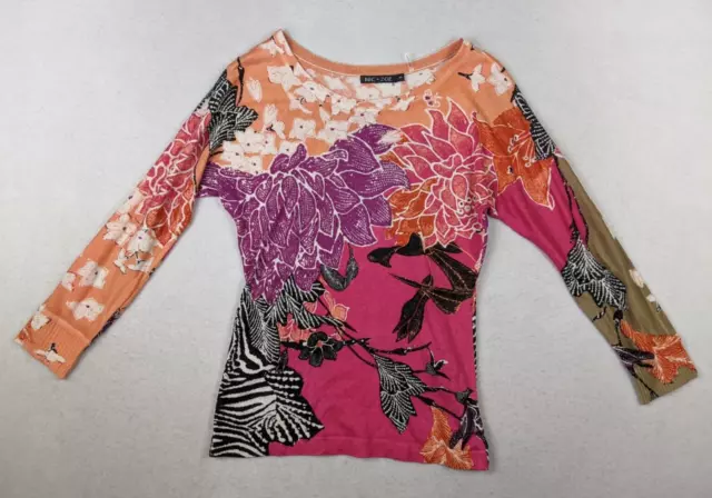Nic & Zoe - Women's Bright Floral Print 3/4 Sleeve Thin Silk Linen Sweater - S